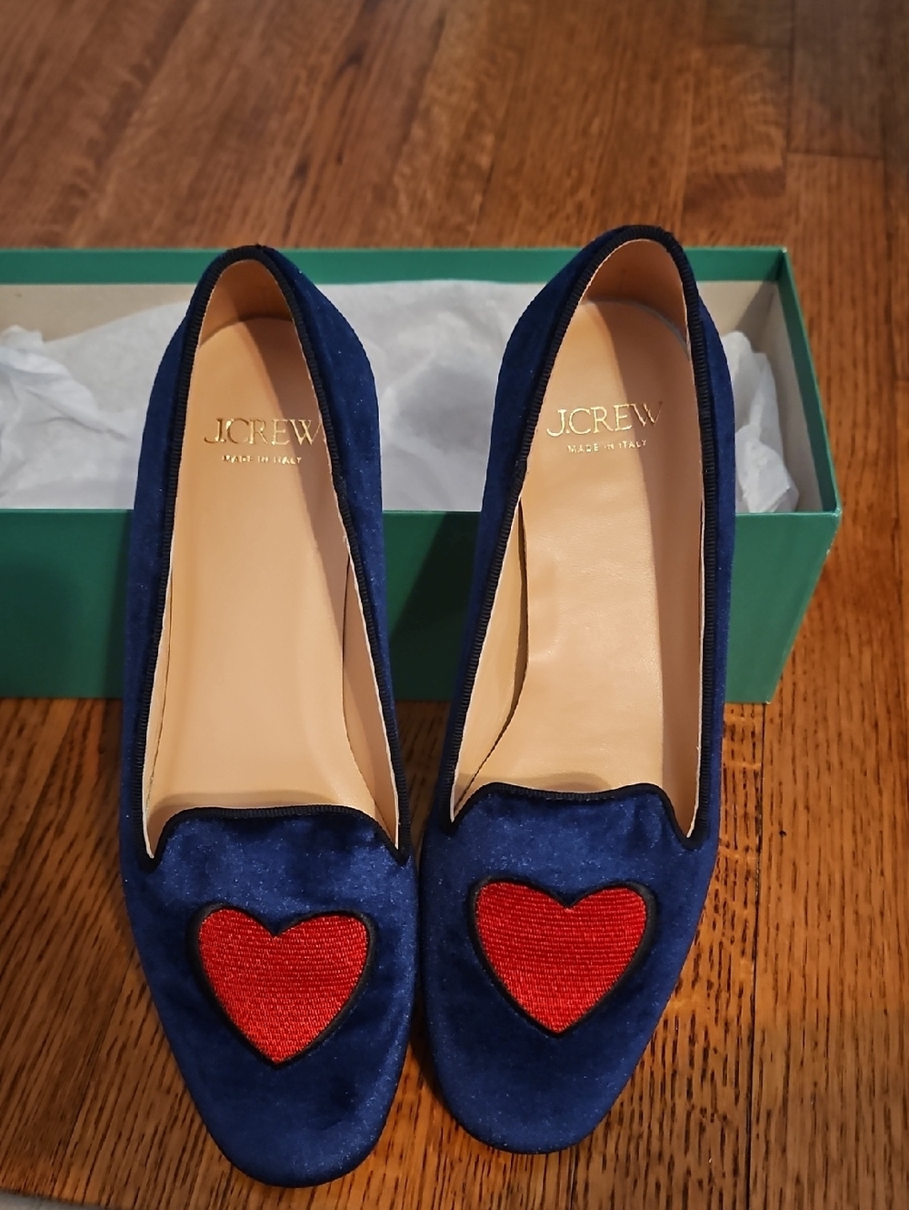 J. Crew Navy Velvet Loafers with Red Heart Appliqués